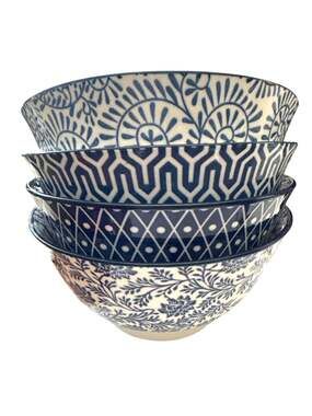 Boho Blue and White Cereal Bowls set of 4 Selamica
